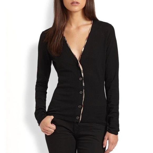 Burberry Checked-Trim Nova Merino Wool Cardigan Black Size Small - Picture 13 of 14